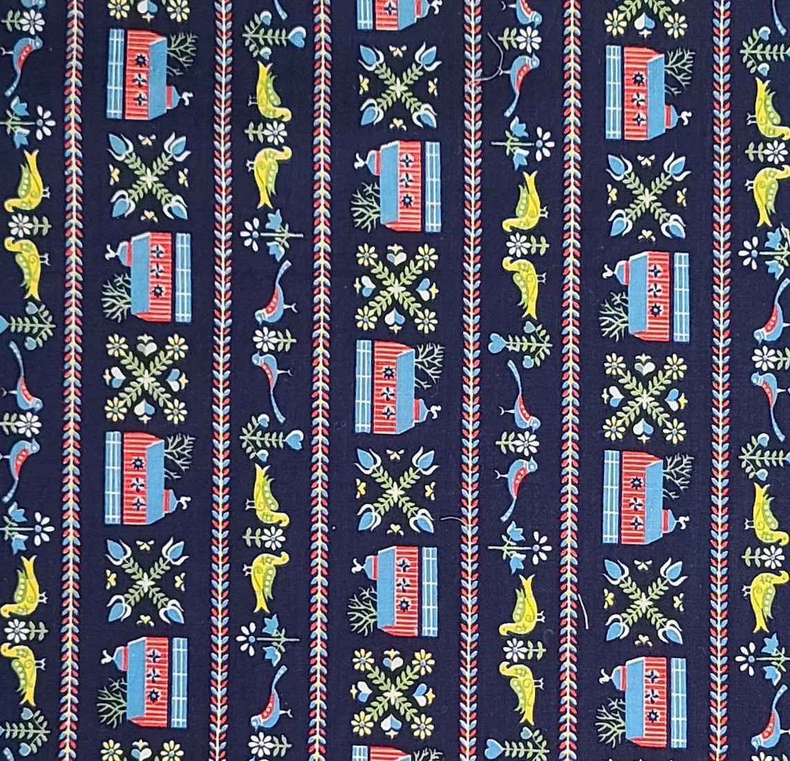 Vintage 34" WIDE Fabric-Dark Blue Fabric/Red, Light Blue, White, Yellow House, Bird Vertical (Par to Sel) Stripe-Selvage to Selvage Print