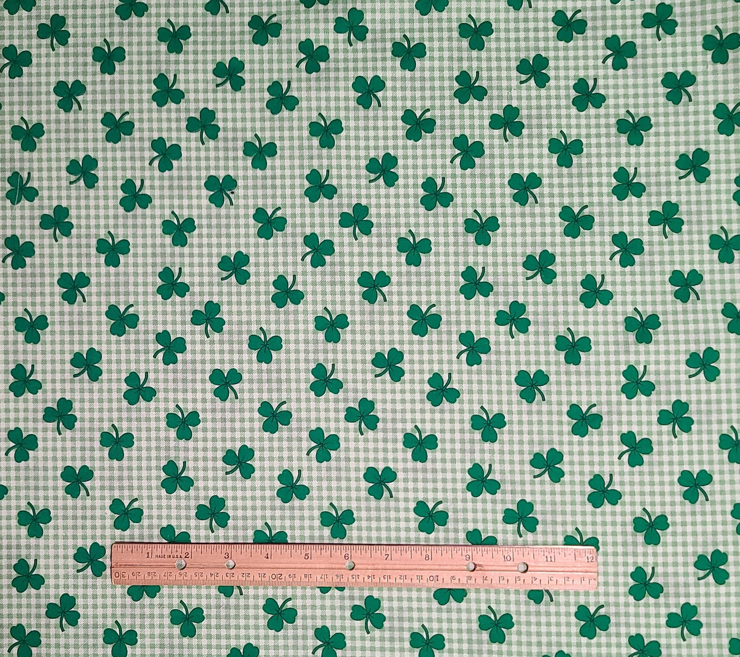 Light Green and White Checkerboard Fabric / Green Clover Print