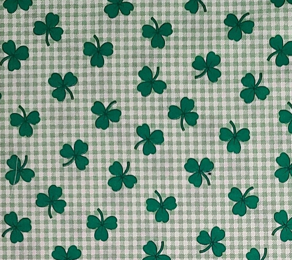 Light Green and White Checkerboard Fabric / Green Clover Print