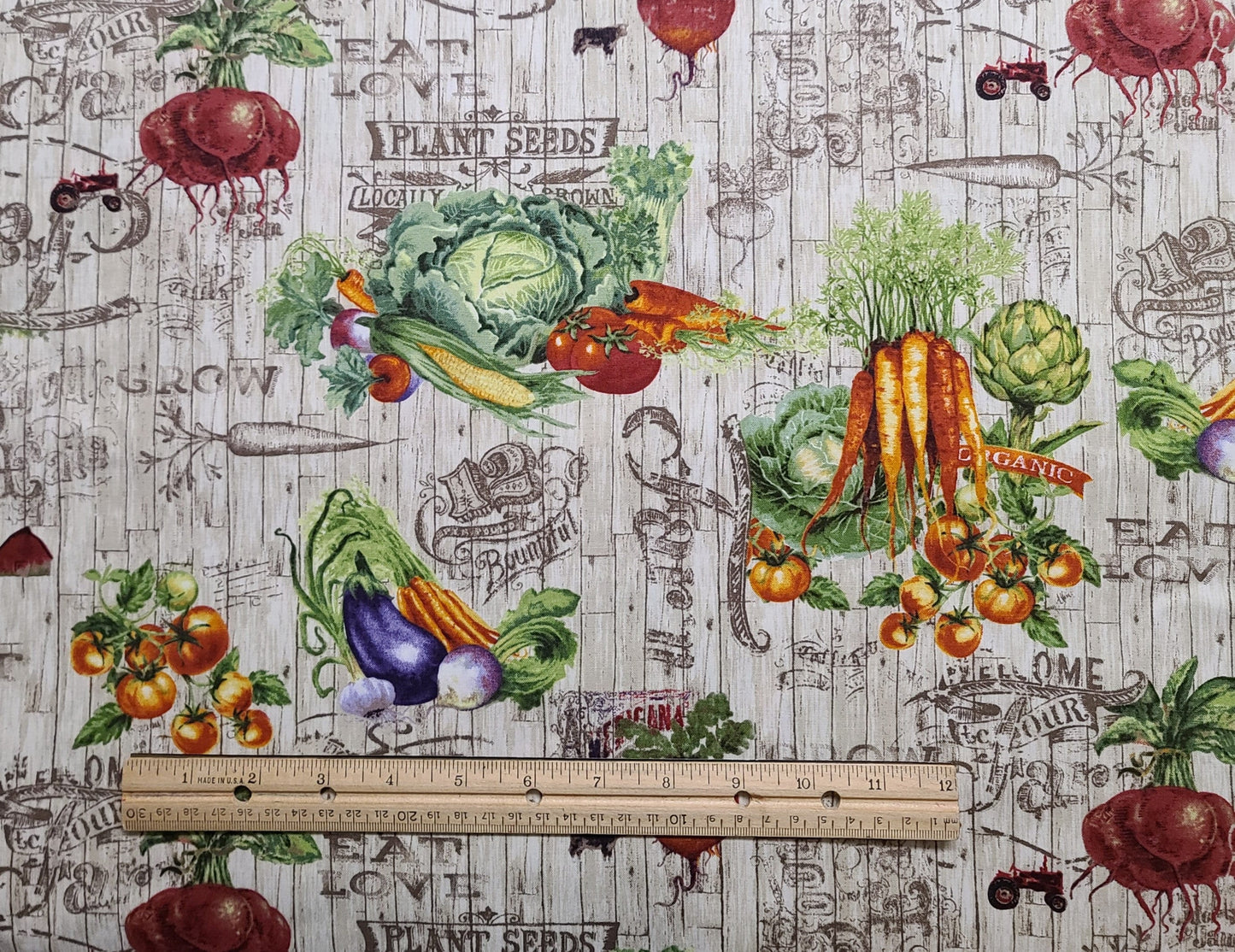 Farmer's Market by Geoff Allen Studio E Fabrics Patt# 4452 - White Wash Wood Fabric / Brown Stamp Background / Vegetable Vignettes