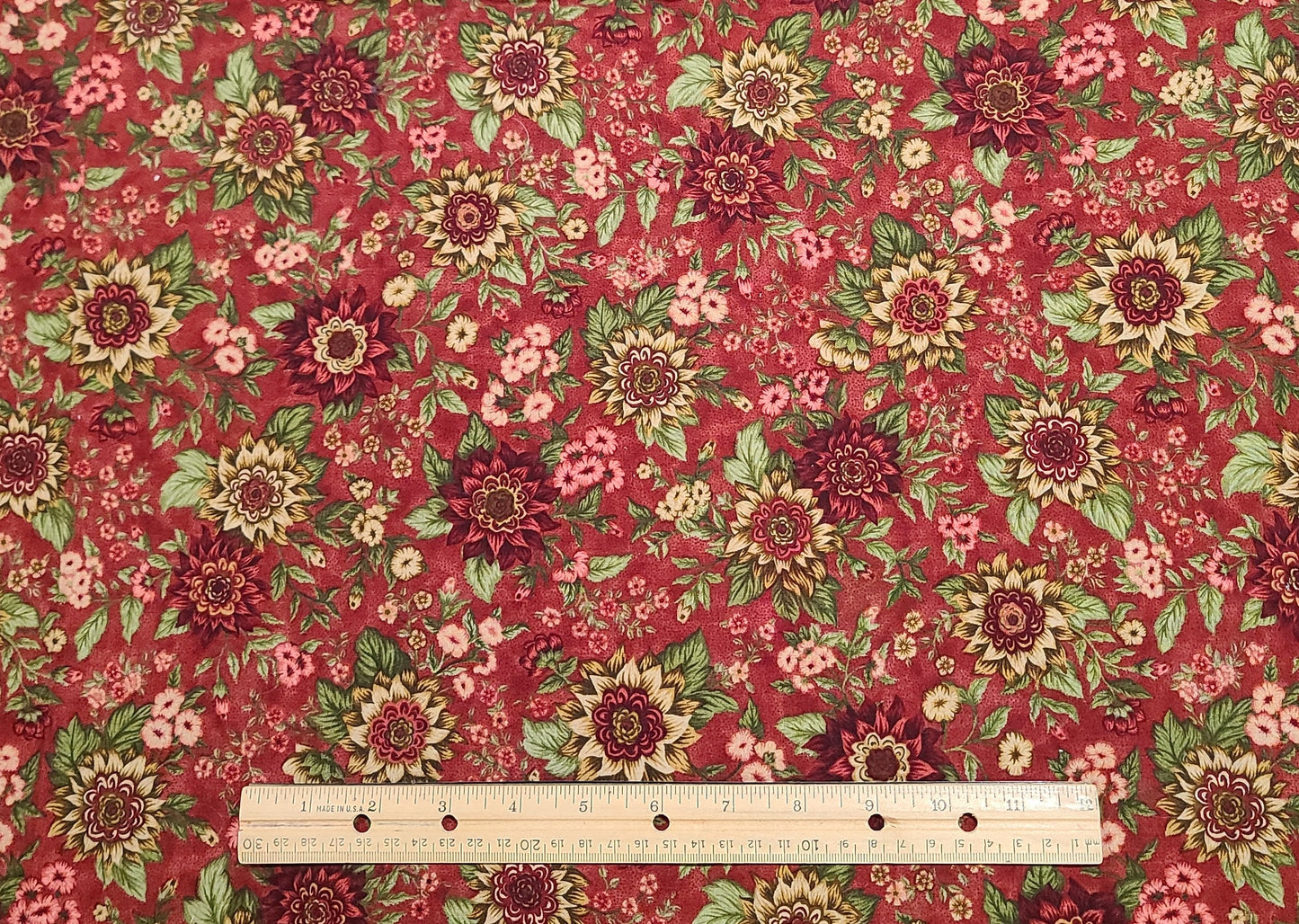 Fiber Mosaics Inc for Quilting Treasures by Cranston 2002 - Dark Red Tonal Fabric / Dark Red, Cream, Brown and Pink Floral Print