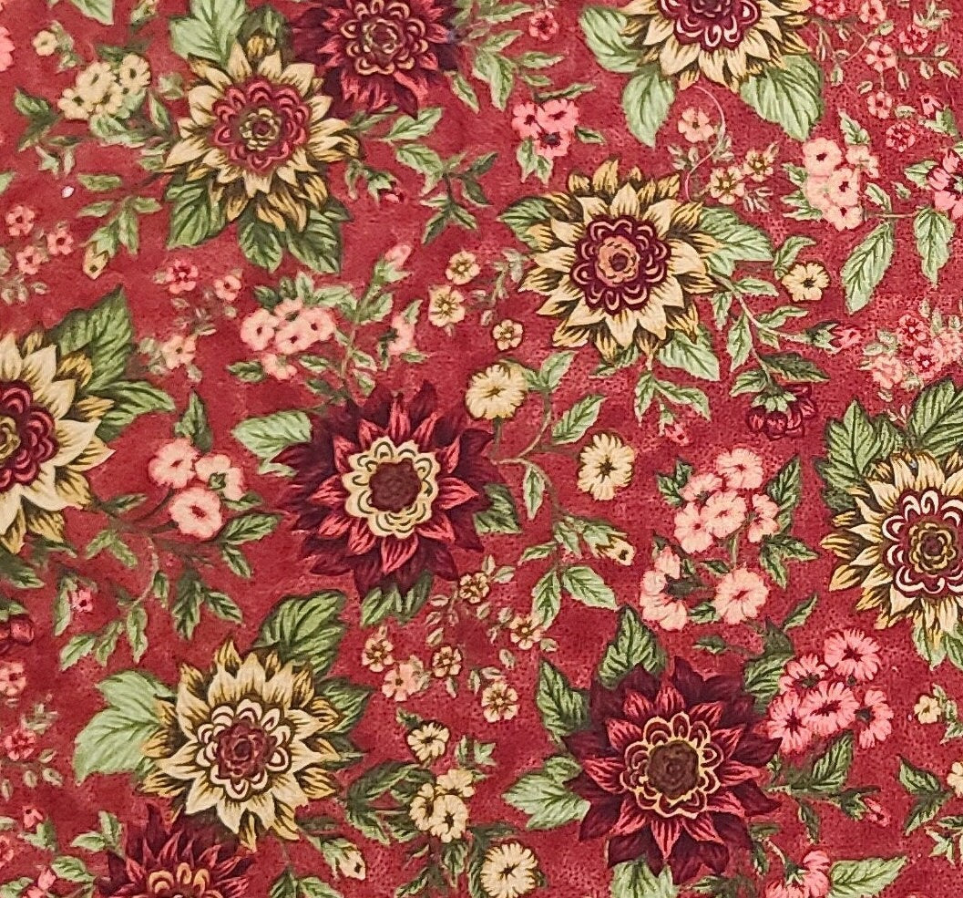 Fiber Mosaics Inc for Quilting Treasures by Cranston 2002 - Dark Red Tonal Fabric / Dark Red, Cream, Brown and Pink Floral Print