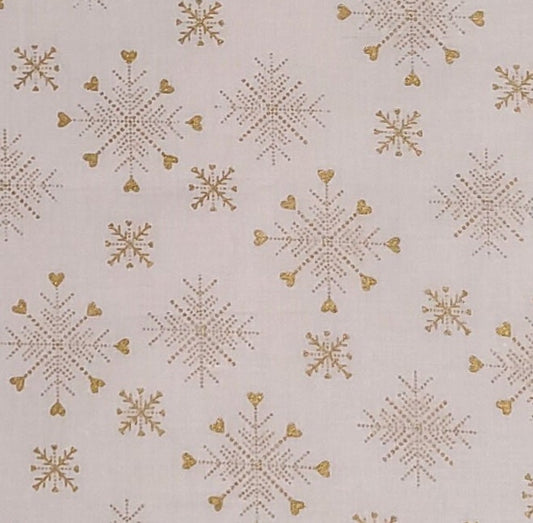 Keepsake Calico JoAnn Fabrics - White Fabric / Gold Metallic Snowflake Print