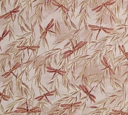 Bonsai Geisha #2088 by Ro Gregg Northcott - Pale Pink Tonal Fabric / Rose and Cream Dragonfly and Leaf Print / Gold Metallic Accents