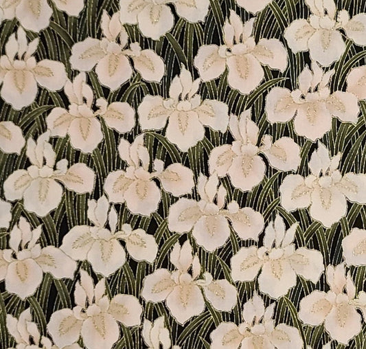 Timeless Treasures Fabrics Inc LOTUS CM5562 - Black Fabric / White Iris, Green Leaves / Gold Metallic Accents