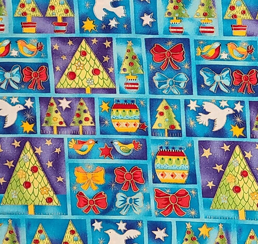 Beth Ann Bruske for David Textiles Inc - Bright Blue and Purple Block Christmas Print Fabric