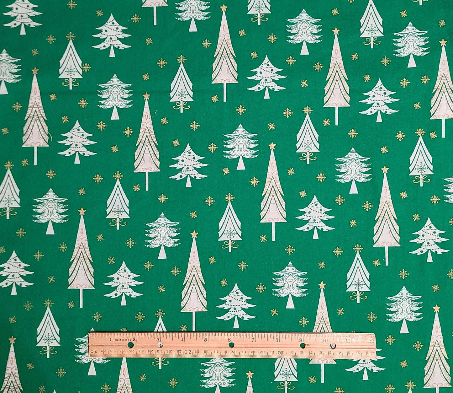 EOB - JoAnn Fabrics - Green Fabric / White Christmas Tree / Gold Metallic Accents / Snowflakes