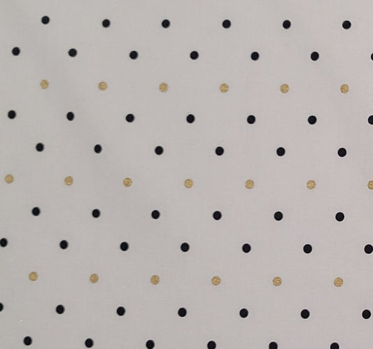 EOB - Buttercream by JoAnn Fabrics Printed in Korea - White Fabric / Black and Gold Metallic Polka Dot Print