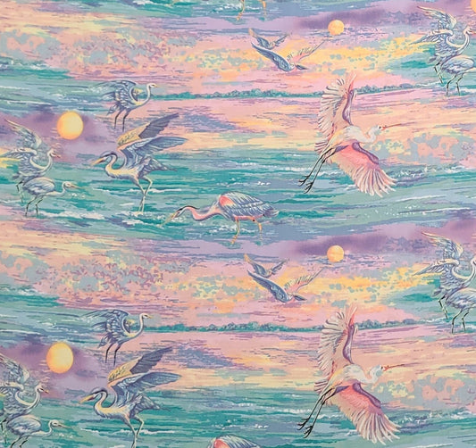 National Parks Series-Everglades #2443 by Ro Gregg - Cranes at the Oceanside at Sunset / Shades of Teal, Purple, Pink, Aqua