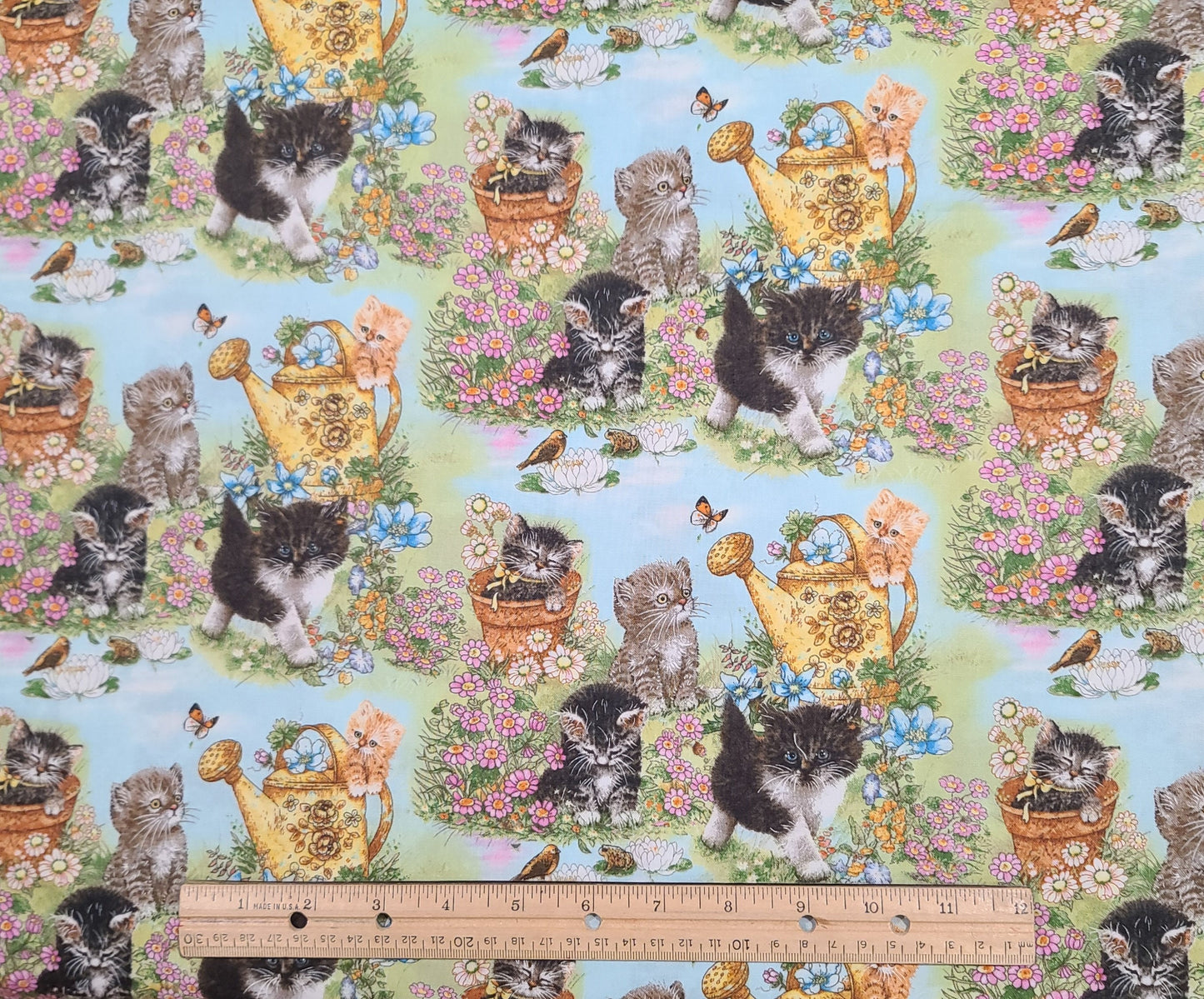 EOB - AYJ GS LLC Kitty's Garden D#73021 - Light Blue Fabric / Kittens in Garden Print