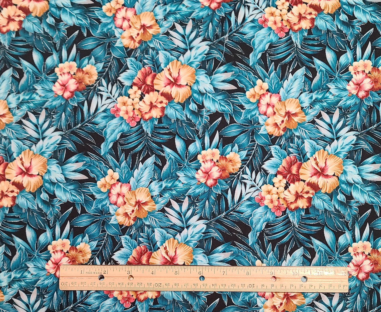 At Home in the Garden for Print Concepts Inc Patt 3598 - Black Fabric / Bright Teal Tonal Leaf Print / Tan, Rose and Maroon Flower Print