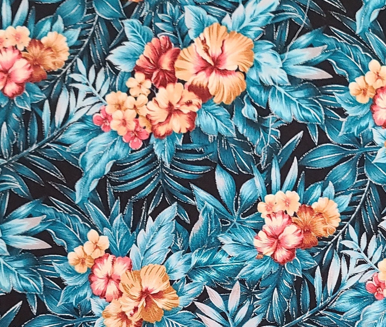 At Home in the Garden for Print Concepts Inc Patt 3598 - Black Fabric / Bright Teal Tonal Leaf Print / Tan, Rose and Maroon Flower Print