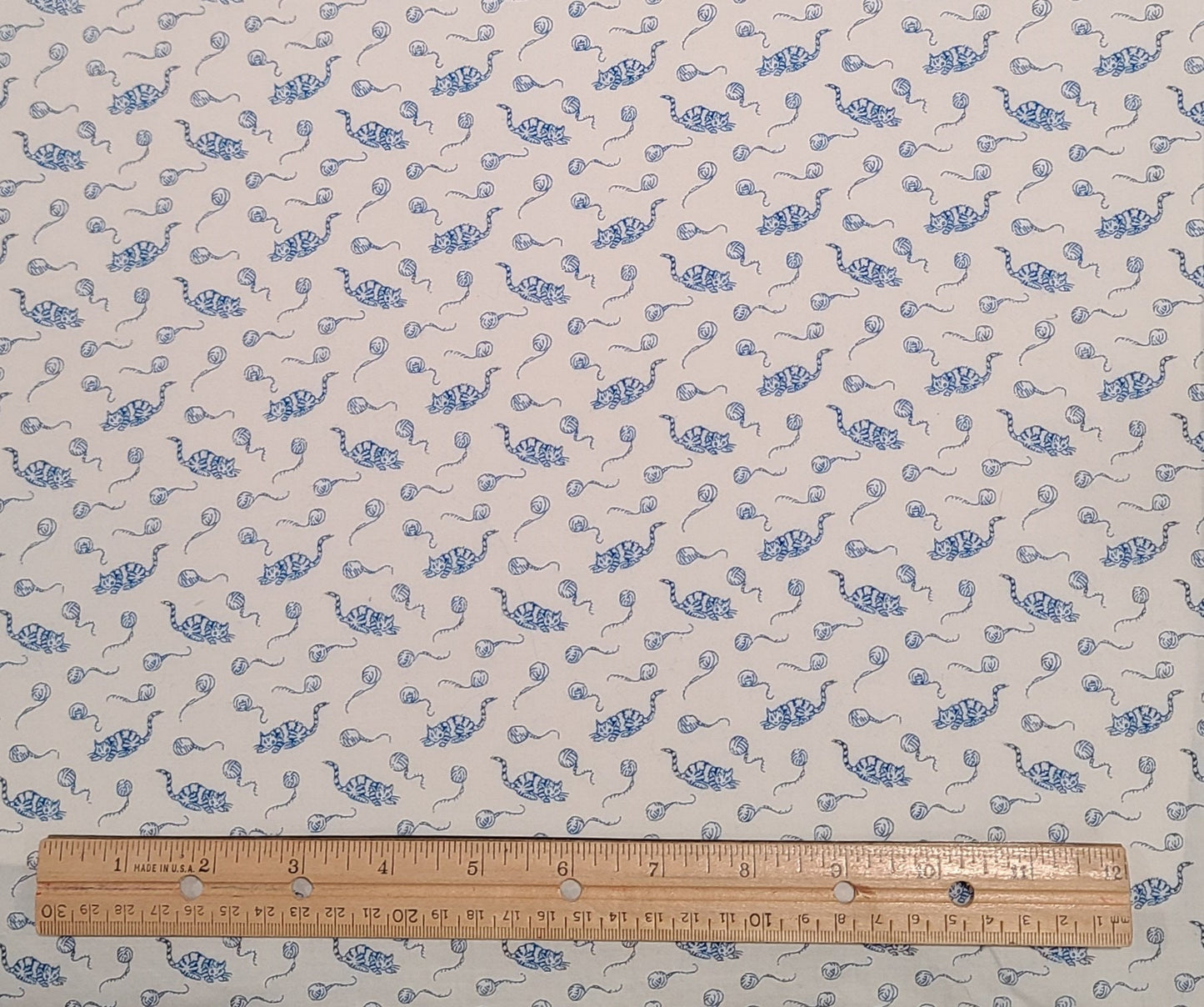 Springs Industries Inc - White Fabric / Dark Blue Cat and Yarn Ball Print