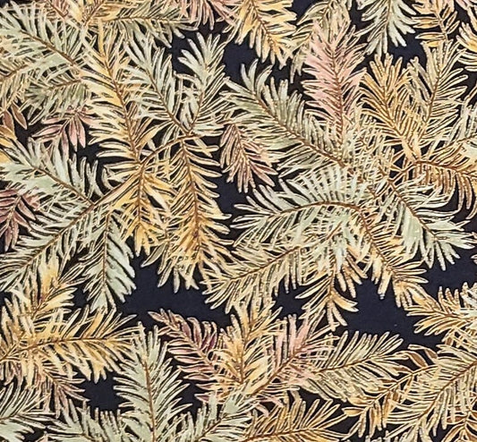 EOB - Weekend in the Woods Style E892 by Hoffman California Fabrics - Black Fabric / Green, Gold and Brown Leaf Print / Gold Metallic Accents