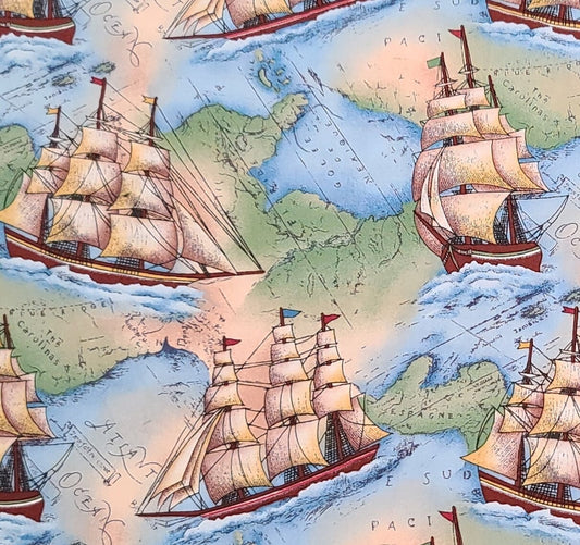 Timeless Treasures Fabrics Inc Patt #REGAL-C1515 - Blue, Green, Cream Map Print Fabric / Large Sailing Ships Print