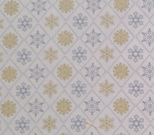 Maker's Holiday for JoAnn Fabrics - White Fabric / Gold Metallic and Silver Snowflake Print