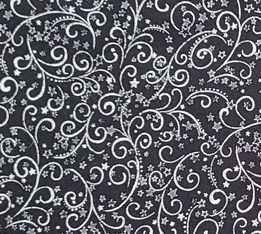 Stof Nordic Christmas Pattern #MCS-10-12 - Black Fabric / Silver Metallic Scroll and Star Print