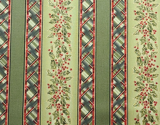 EOB - Evergreen Bows by Maywood Studio Holly Stripe - Green Vertical Stripe Fabric / Green Holly and Bias Plaid Stripes