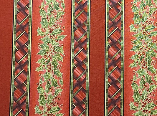 Evergreen Bows by Maywood Studio Holly Stripe - Red Tonal Vertical Stripe Fabric / Green Holly and Bias Plaid Stripes