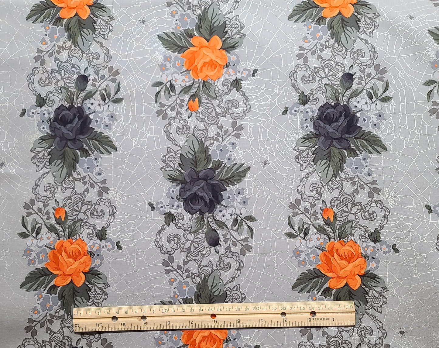 Web of Roses by Jera Brandvig for Maywood Studio Stripe Metallic Gray - Gray Floral Vertical Stripe Fabric / Black, Gray, Orange Flowers