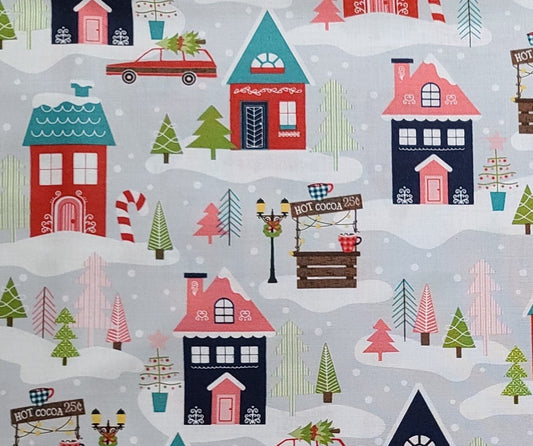 Cup of Cheer Kimberbell for Maywood Studio Christmas Neighborhood-Gray - Pale Gray, White Cloud and Snowflake Fabric / Vertical Stripe Print