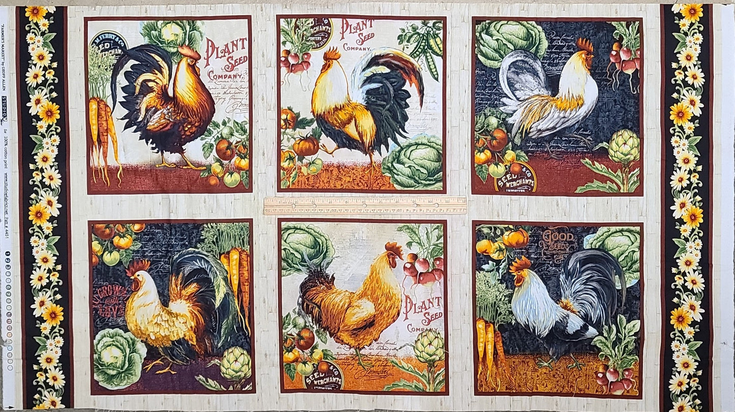 PANEL - Farmer's Market by Geoff Allen Studio E Fabrics Patt# 4451 - 24" x 44" - Includes One Each of Six Rooster and Garden Blocks