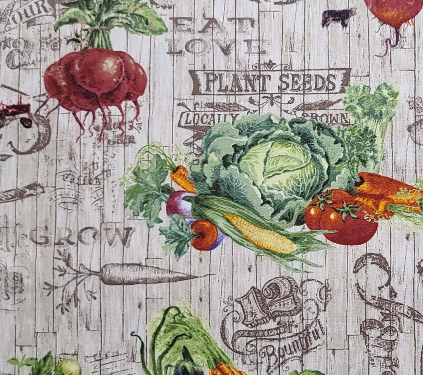 Farmer's Market by Geoff Allen Studio E Fabrics Patt# 4452 - White Wash Wood Fabric / Brown Stamp Background / Vegetable Vignettes