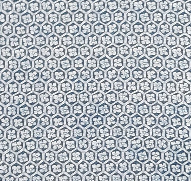 White, Light Blue, Dark Blue Hexagon Flower Print Fabric - Selvage to Selvage Print