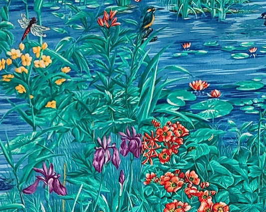 Patt# BTR-3962 Blank Textiles - Water Pond / Birds / Floral / Dragonfly Print Fabric