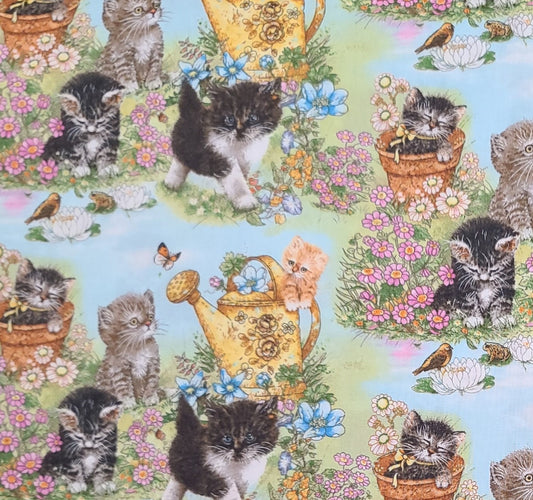 EOB - AYJ GS LLC Kitty's Garden D#73021 - Light Blue Fabric / Kittens in Garden Print