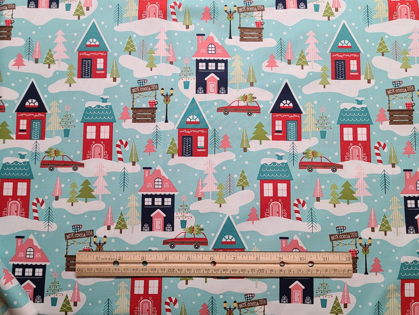 Cup of Cheer by Kimberbell for Maywood Studio Christmas Neighborhood-Aqua - Aqua, White Cloud and Snowflake Fabric