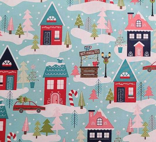 Cup of Cheer by Kimberbell for Maywood Studio Christmas Neighborhood-Aqua - Aqua, White Cloud and Snowflake Fabric