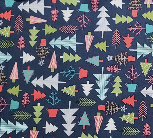 Cup of Cheer by Kimberbell for Maywood Studio Tree Farm-Navy - Navy Fabric / Brightly Colored Christmas Tree Print