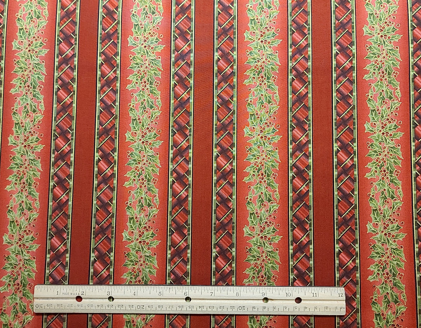 Evergreen Bows by Maywood Studio Holly Stripe - Red Tonal Vertical Stripe Fabric / Green Holly and Bias Plaid Stripes