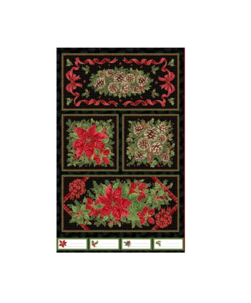 PANEL - Evergreen Bows by Maywood Studio PANEL - Black - Black Fabric / ~27" x 44" / Gold Metallic Accents