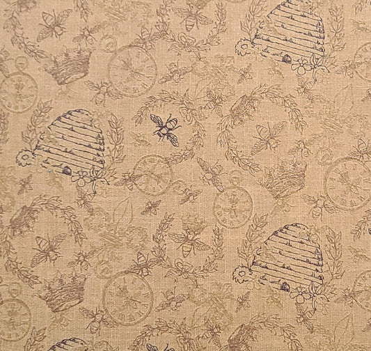 Tara Reed for Quilting Treasures - Dark Gold Tonal Fabric / Dark Brown Beehive and Bee Print