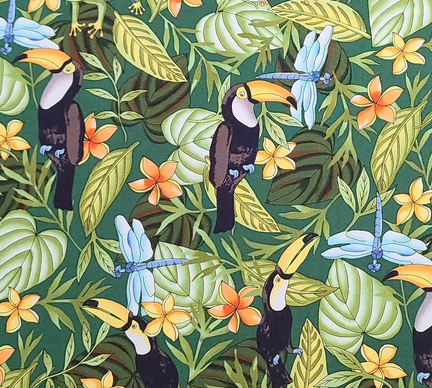 Beth Ann Bruske for David Textiles Inc - Primary Green Fabric / Toucan, Tree Frog, Dragonfly and Flower Jungle Print