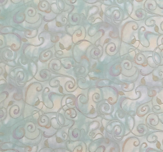 Judy Hand for Robert Kaufman Fusions Screen Print D#5572 - Yellow, Mint, White Tonal Fabric / Gold Metallic Swirl Pattern / Lavender Accent