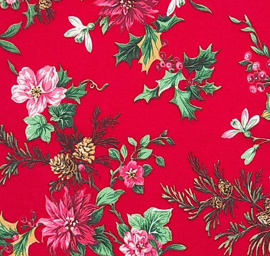 VIP Cranston Print Works - Dark Red Fabric / Pink, White, Tan and Green Poinsettia, Holly, Pine Bough Print