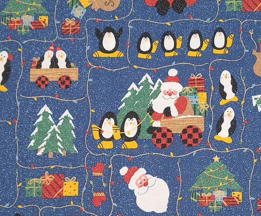 TAF Inc Textile Art and Film - Denim Blue Speckled Fabric / Santa, Tree and Penguin Block Print