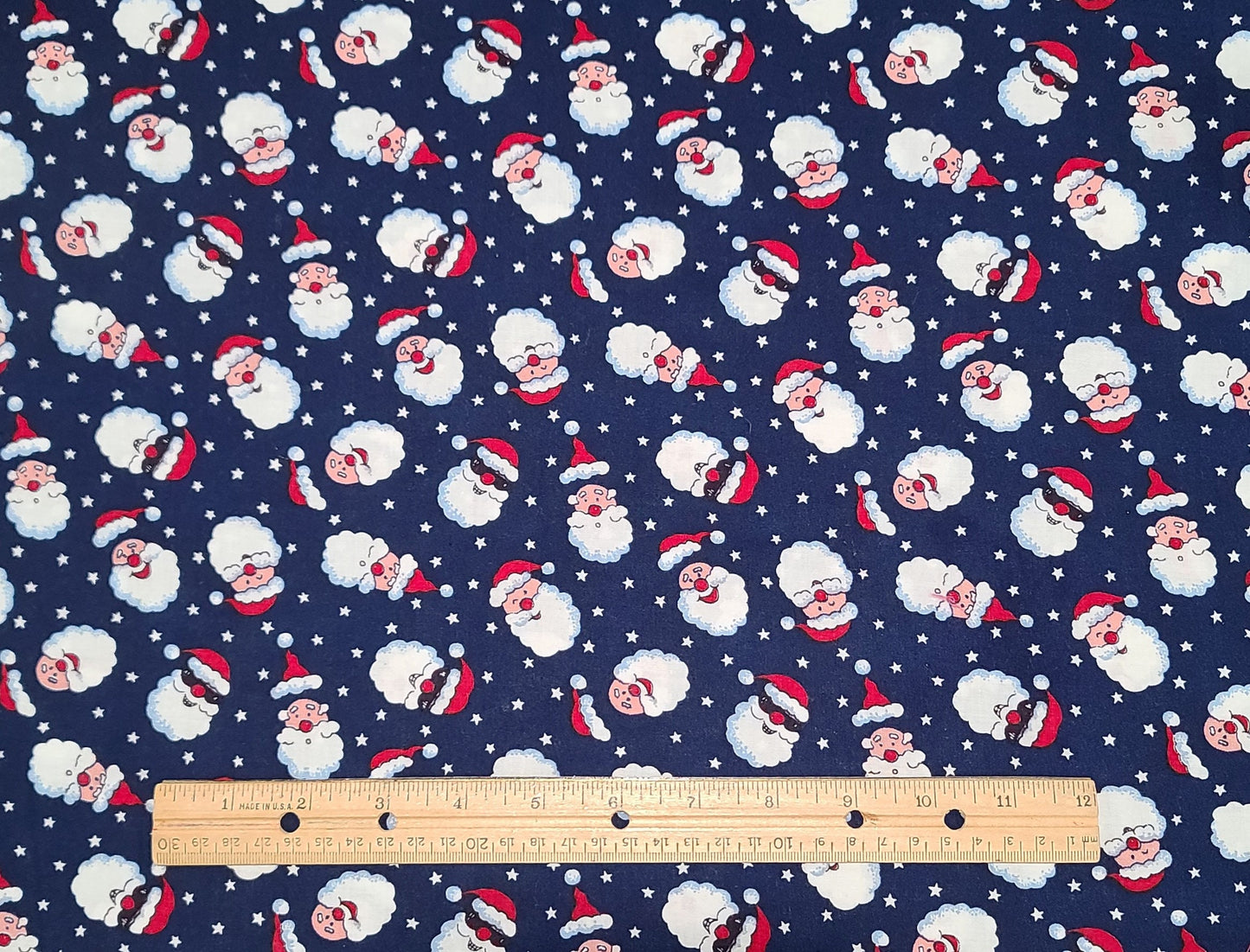 Dark Blue Fabric / White Star and Funny Santa Face Print - Selvage to Selvage Print