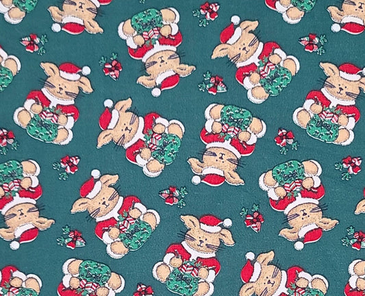 Dark Green Fabric / Christmas Bunny Print - Selvage to Selvage Print