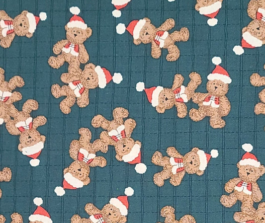 EOB - Dark Green Fabric - Black Block Background / Christmas Teddy Bear Print