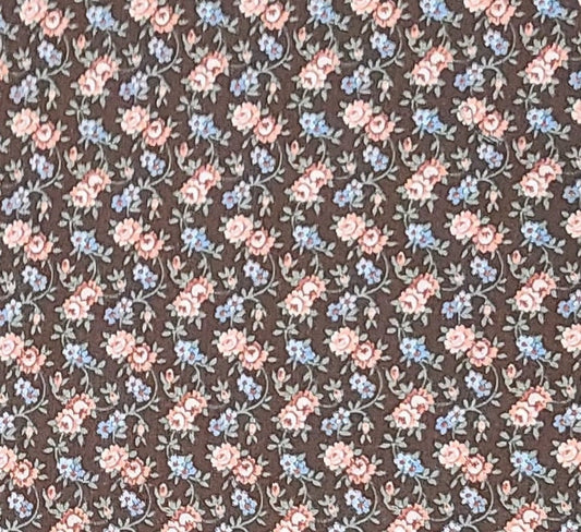 Concord Fabrics Inc by the Kesslers - Dark Brown Fabric / Pink and Light Blue Flower Print