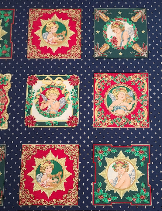 Concord Fabrics Inc - Dark Blue Fabric / Gold Metallic Fleur de Leis Victorian Christmas Angel Blocks/Red, Green, Gold/Gold Metallic Accents