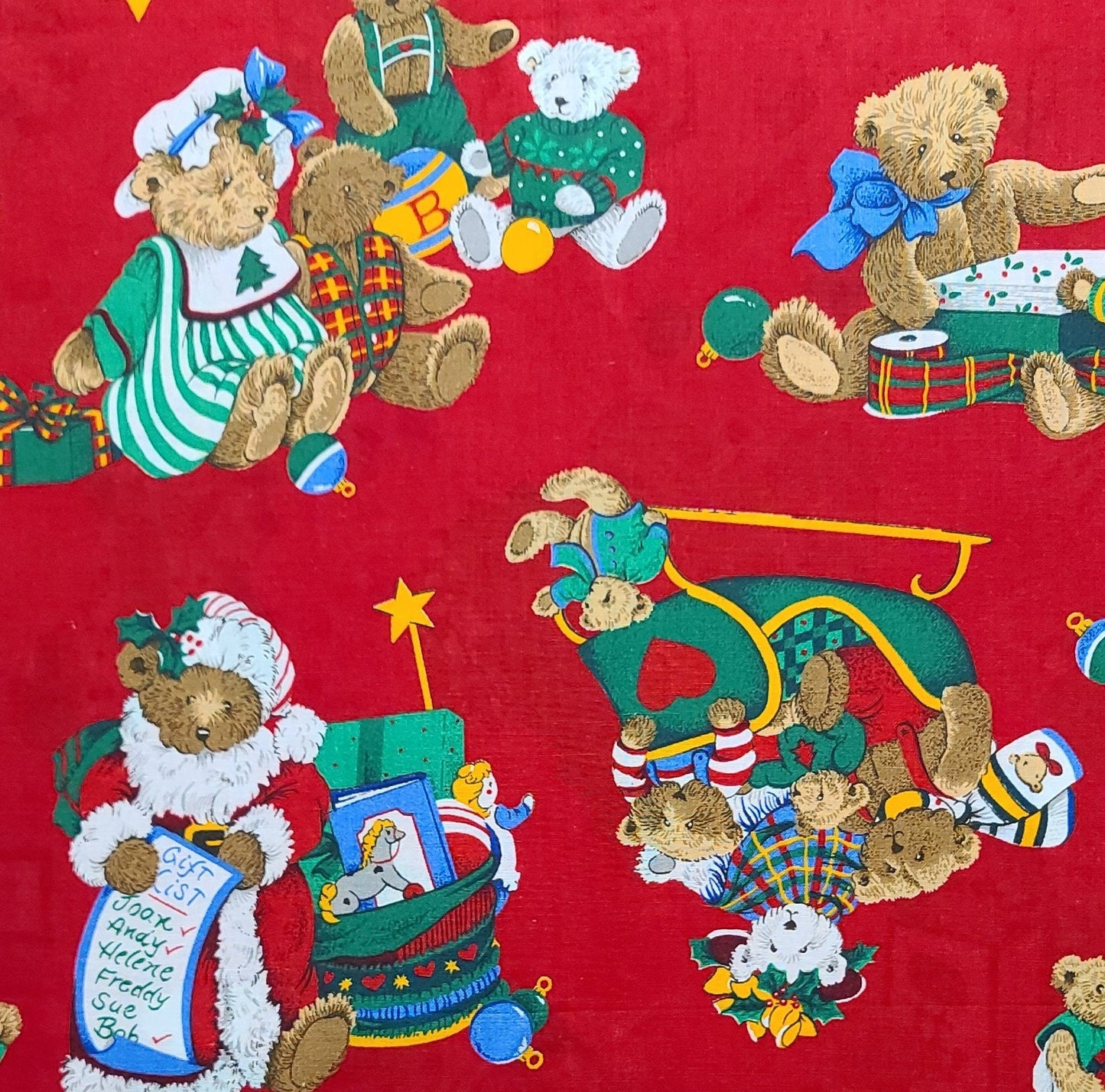 Red Fabric / Vintage Bears and Christmas Print