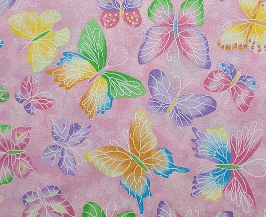 Fabric Traditions 2008 - Pink Tonal Fabric / Bright Pastel Butterfly Print / Allover Iridescent Glitter