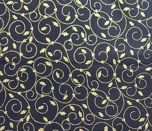 CP12258 Brocade (Metallic Gold) Springs Creative Products Group 2011 - Black Fabric / Gold Metallic Holly and Scroll Print