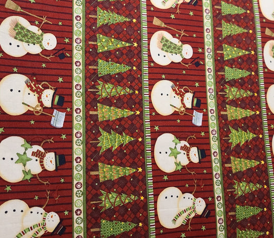 Debbie Mumm for MM Fab Inc - Dark Red, Green, Cream and White Snowman and Christmas Tree Stripe (Parallel to Selvage) Fabric