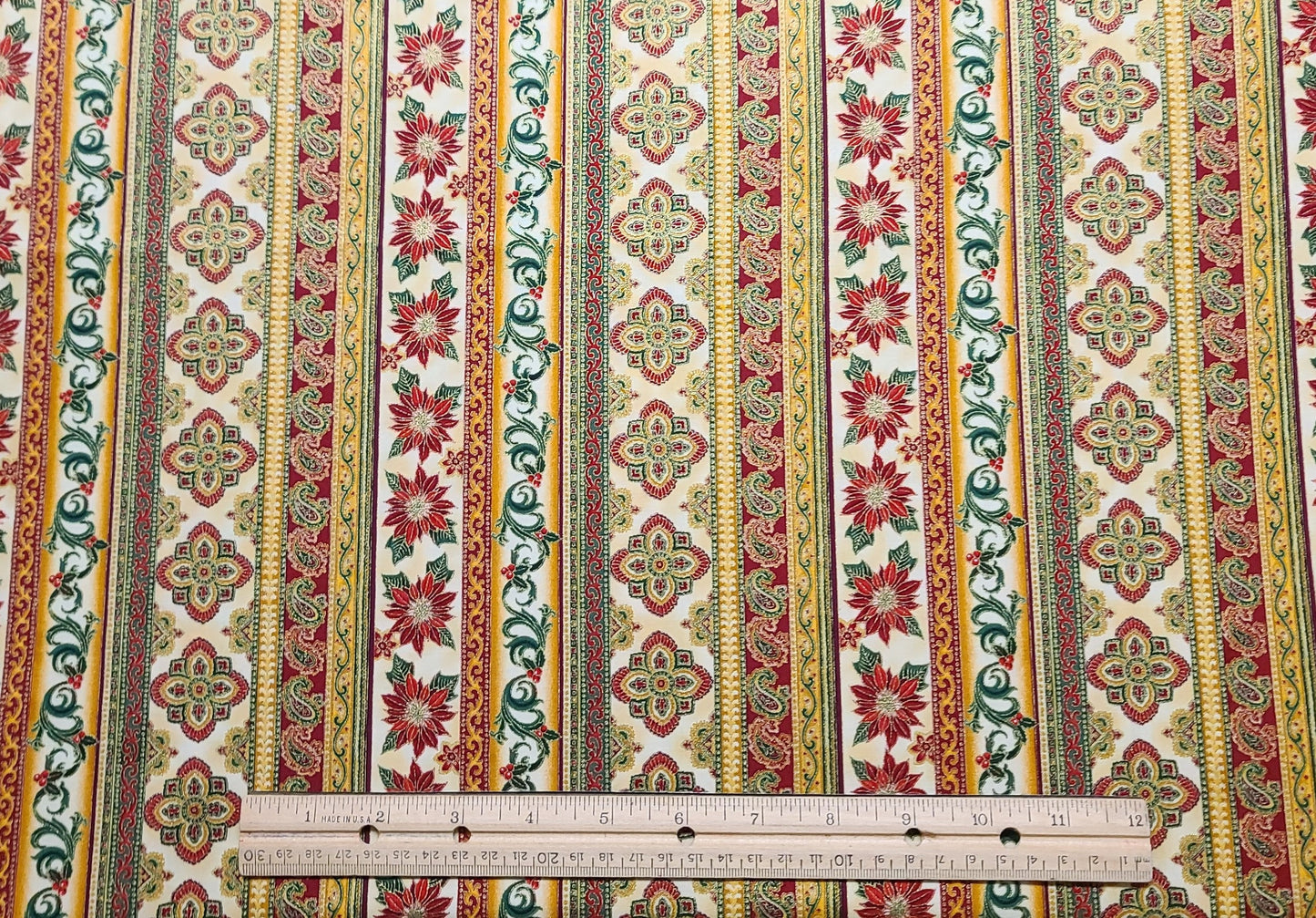 Woodland Splendor 2 D#7121 - Red, Green, Gold and Cream Christmas Poinsettia, Paisley Medallion Stripe (Parallel to Selvage) Fabric